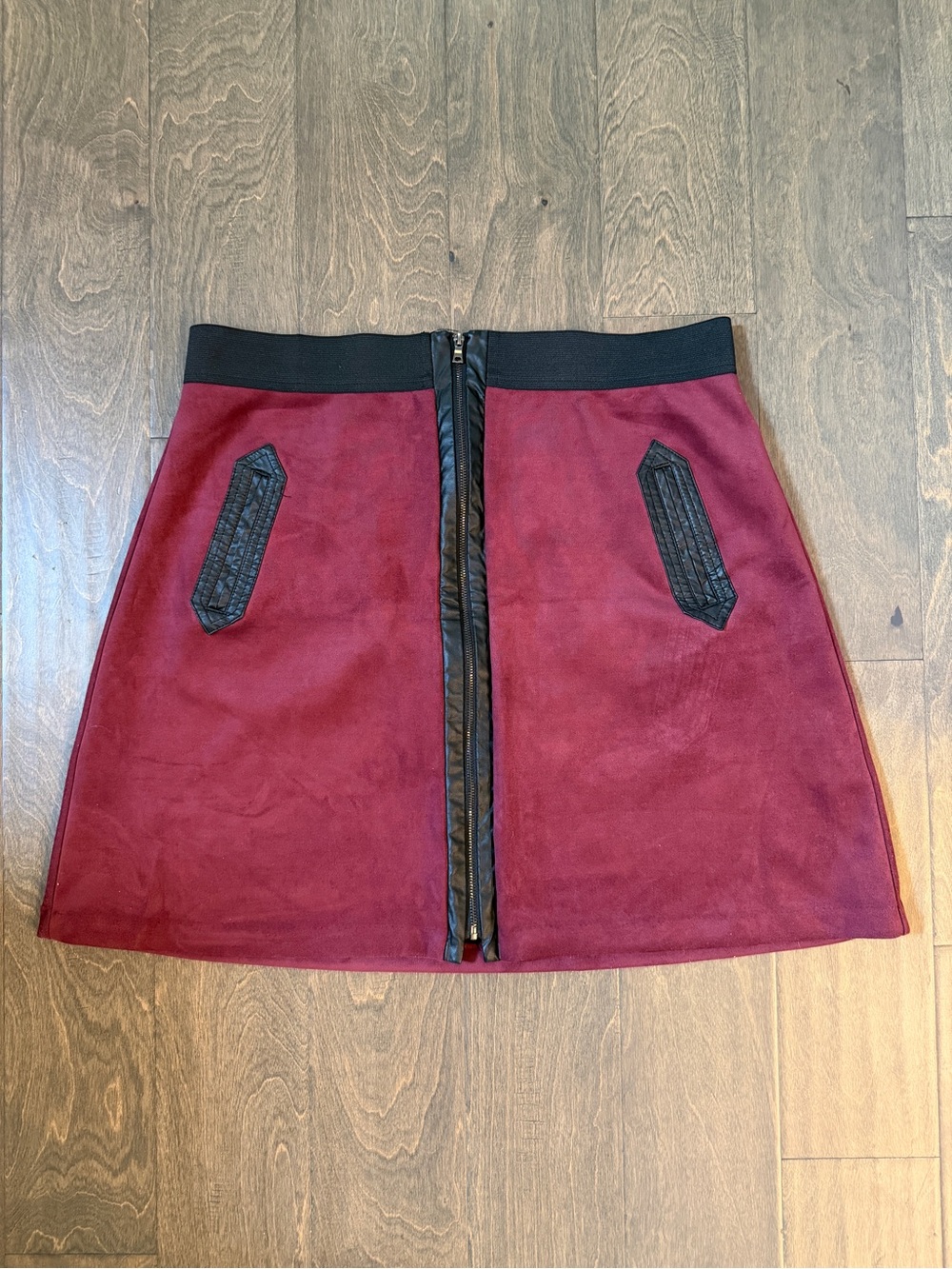 ECI Burgundy A-Line Skirt with Black Trim and Front Zip